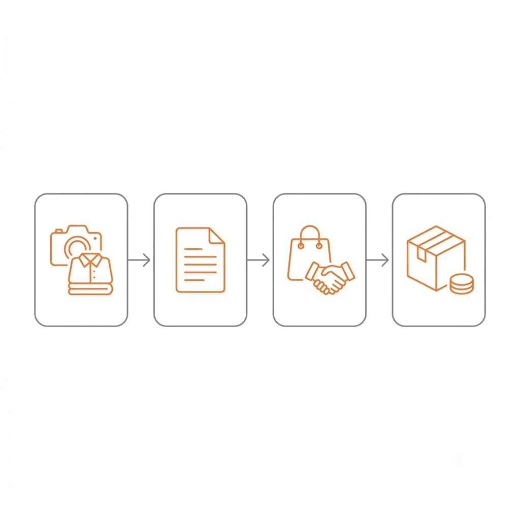 A four-step process flow: photograph an item, the app drafts a listing, the item sells, the parcel ships and payout arrives