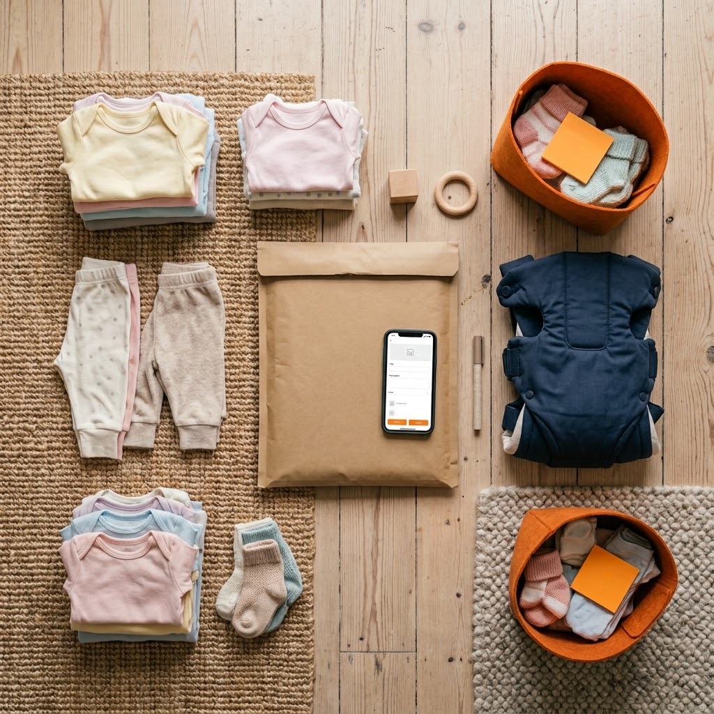 Sorted piles of clean pre-loved baby gear (folded clothes, a carrier, socks) around a shipping satchel and a phone, ready to post.